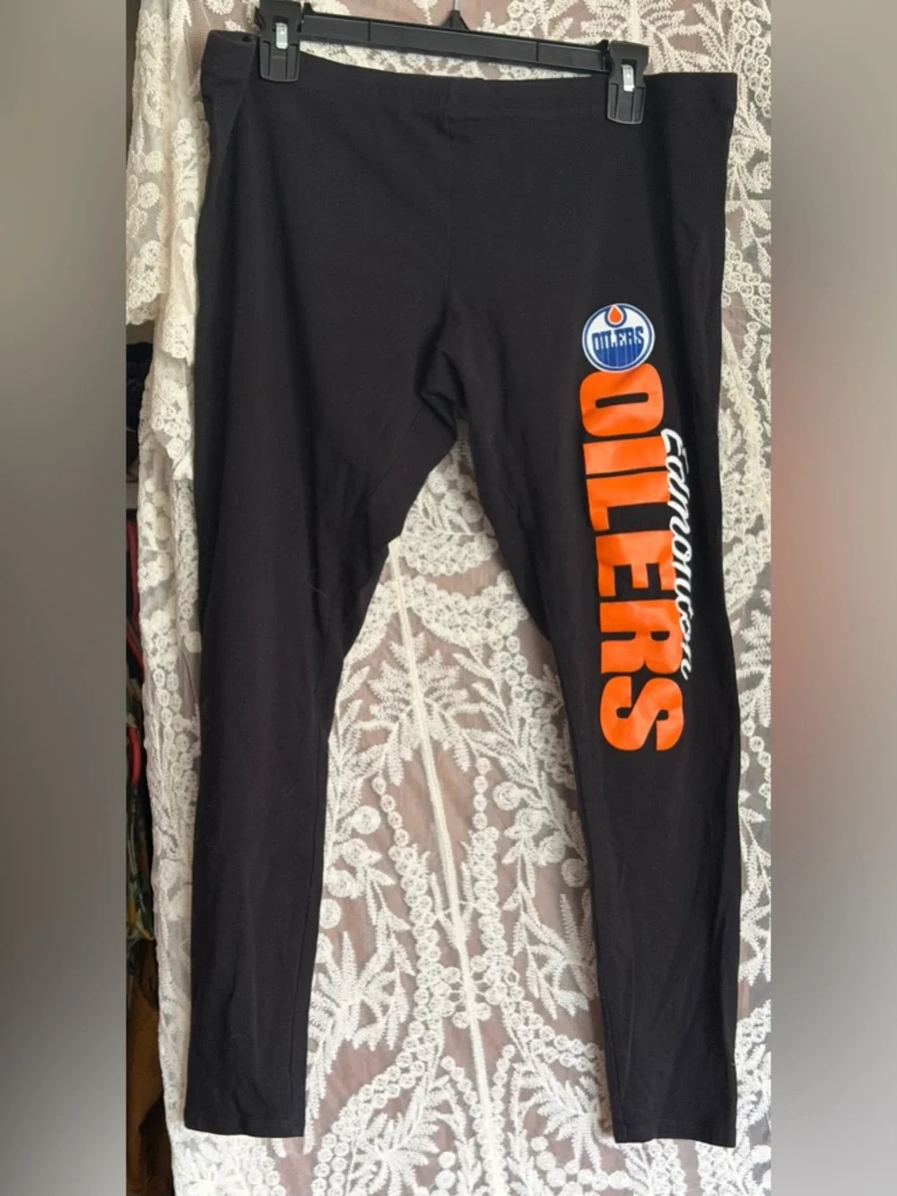 NHL Black Leggings with Orange Oilers Logo - Picture 1 of 4